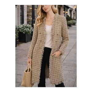 House of Harlow Tweed Coat Womens XS Gold Shimmer Jacket Boho Chic Fringe Luxe